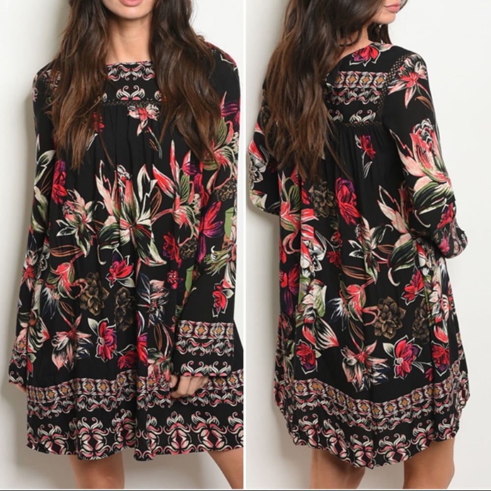 Last 1! BOHO BLACK FLORAL PRINT DRESS